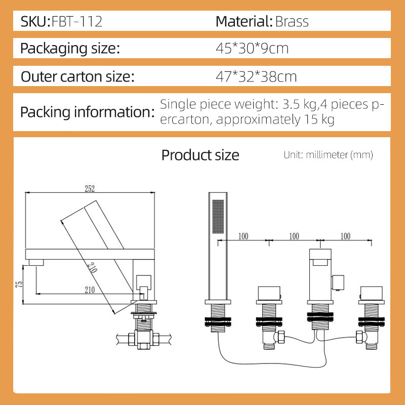 FBT112 Bath Filler Tap with Handshower Solid Brass