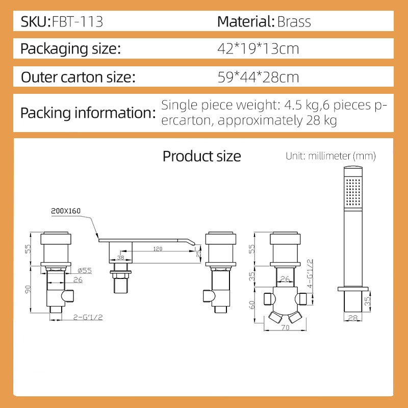 FBT113 Contemporary Waterfall Deck-Mount 5-Hole Bath Tap with Handshower