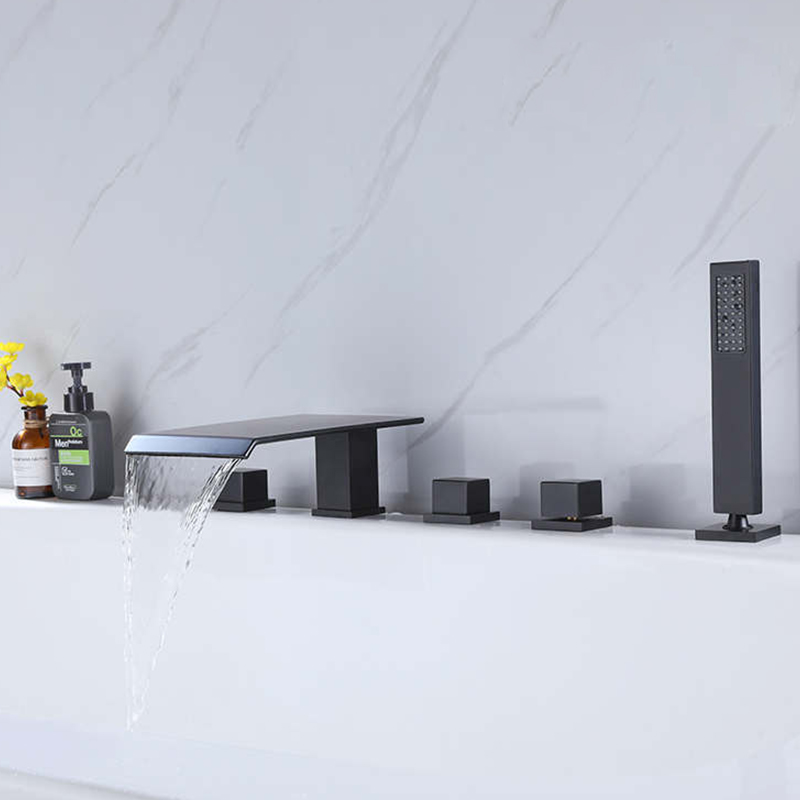 FBT113 Contemporary Waterfall Deck-Mount 5-Hole Bath Tap with Handshower