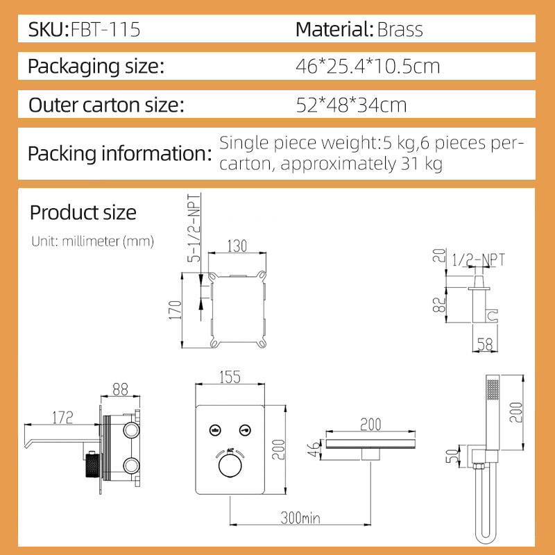 FBT115 Recessed Wall-Mount Bathtub Faucet with Waterfall Spout & Handheld Shower