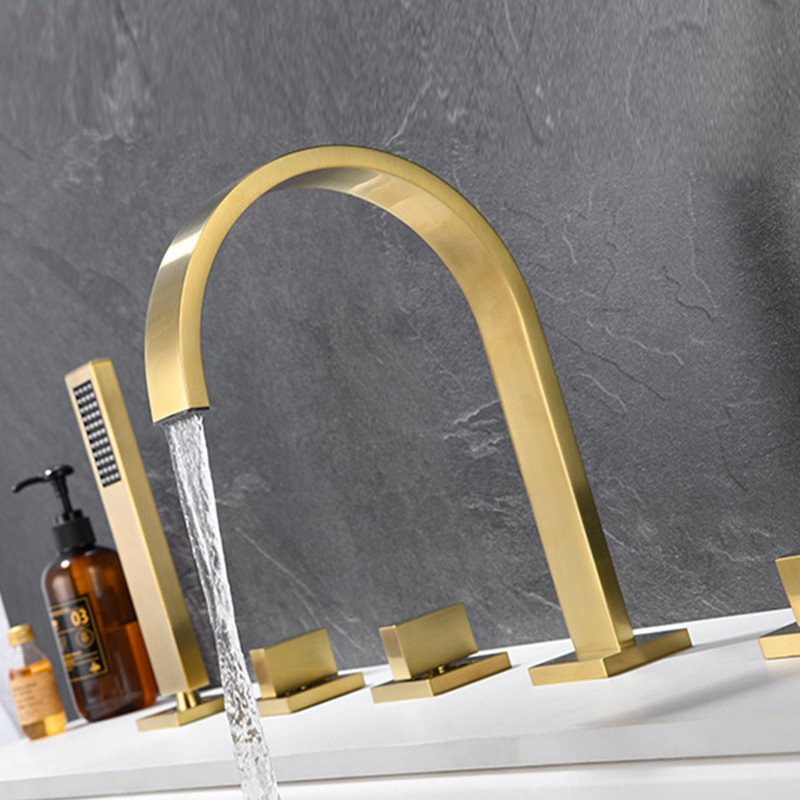 FBT116 5 Holes Bath Filler Tap with Handshower in Brushed Gold