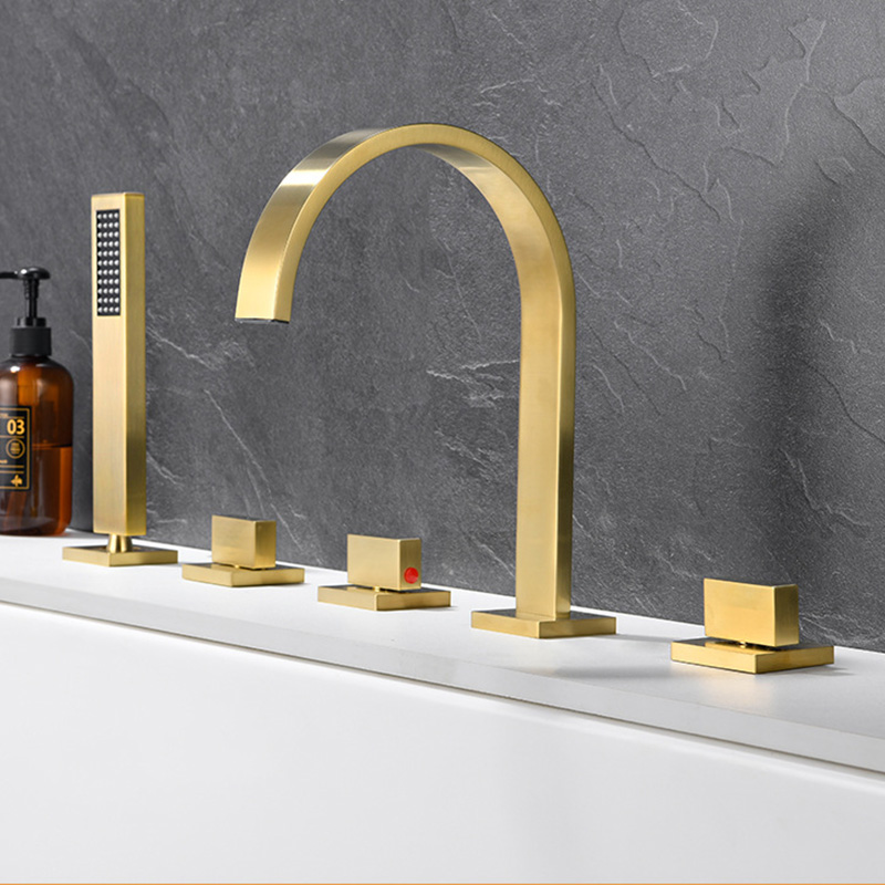 FBT116 5 Holes Bath Filler Tap with Handshower in Brushed Gold