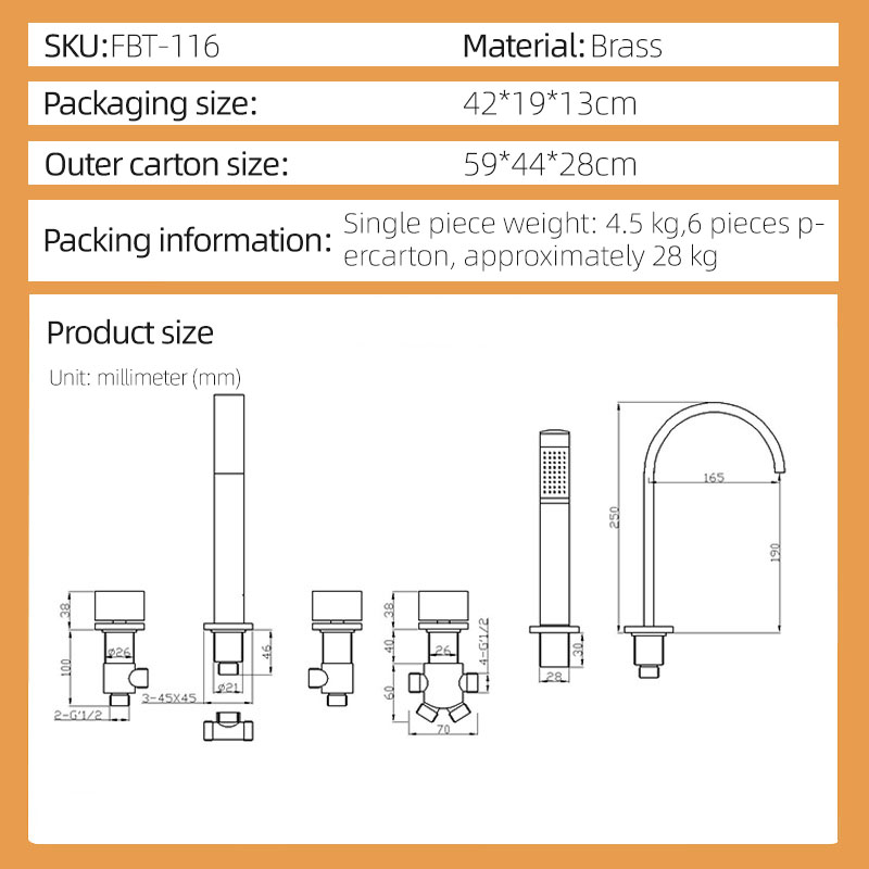 FBT116 5 Holes Bath Filler Tap with Handshower in Brushed Gold