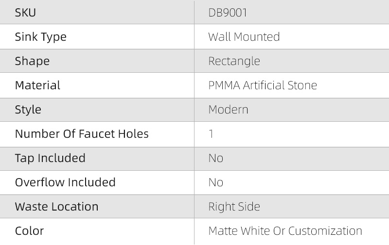 DB9001 Wall Mounted Rectangular Acrylic Wash Basin