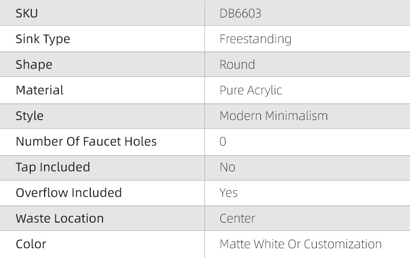 DB6603 Smooth-Tapered Freestanding Basin with Overflow in Pure Acrylic